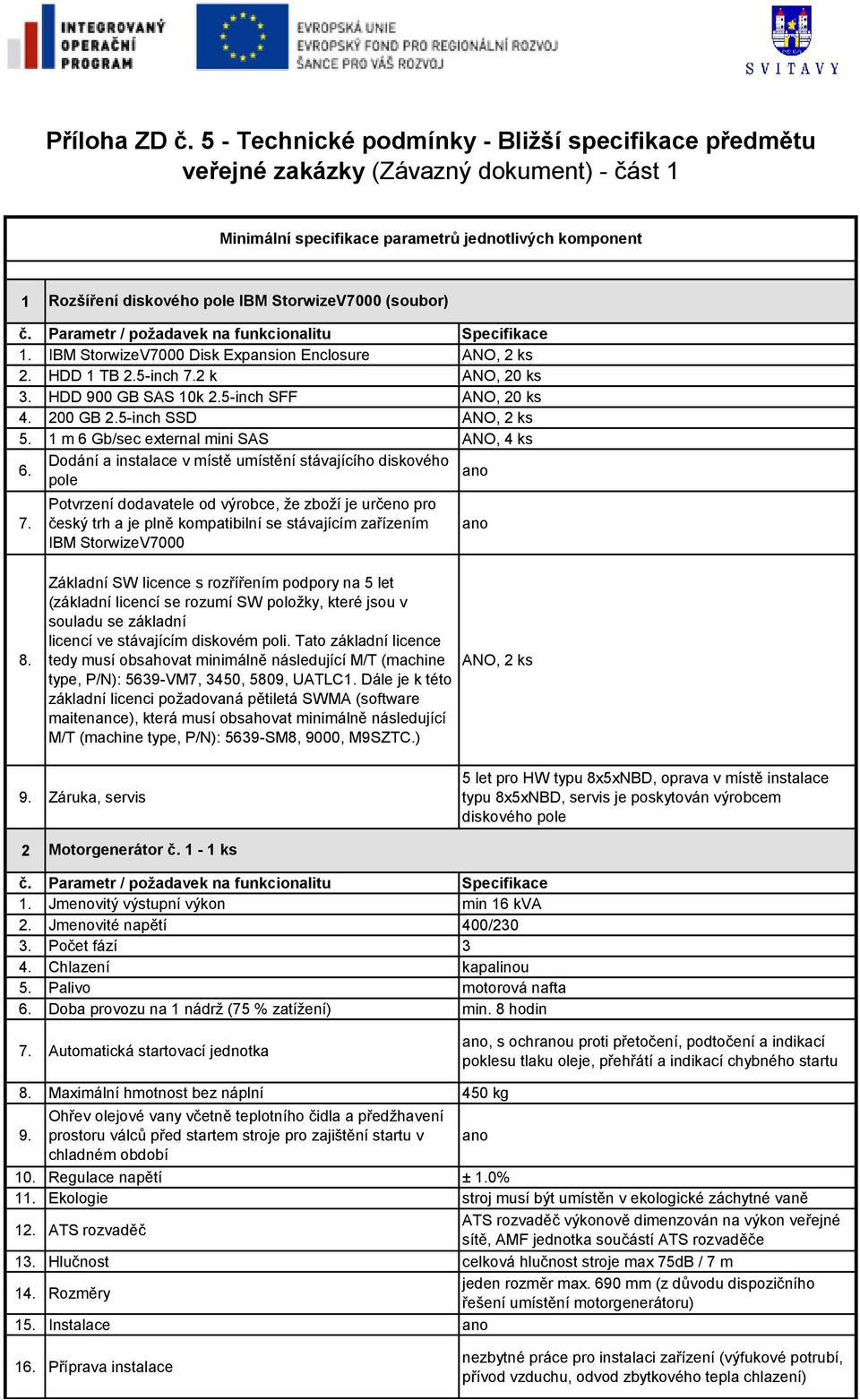 (soubor) č. Parametr / požadavek na funkcionalitu Specifikace 1. IBM StorwizeV7000 Disk Expansion Enclosure ANO, 2 ks 2. HDD 1 TB 2.5-inch 7.2 k ANO, 20 ks 3. HDD 900 GB SAS 10k 2.