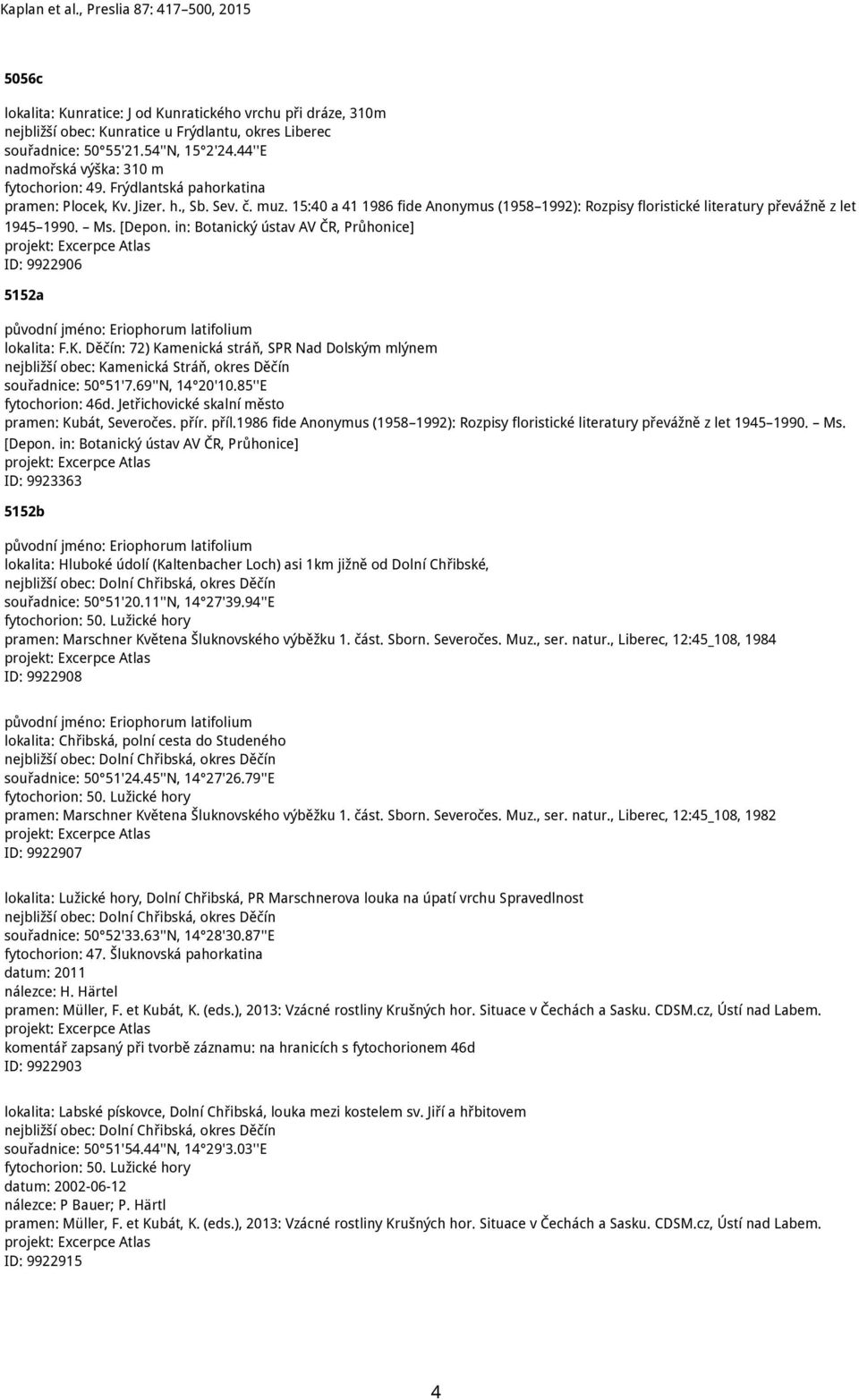 15:40 a 41 1986 fide Anonymus (1958 1992): Rozpisy floristické literatury převážně z let 1945 1990. Ms. [Depon. in: Botanický ústav AV ČR, Průhonice] ID: 9922906 5152a lokalita: F.K.