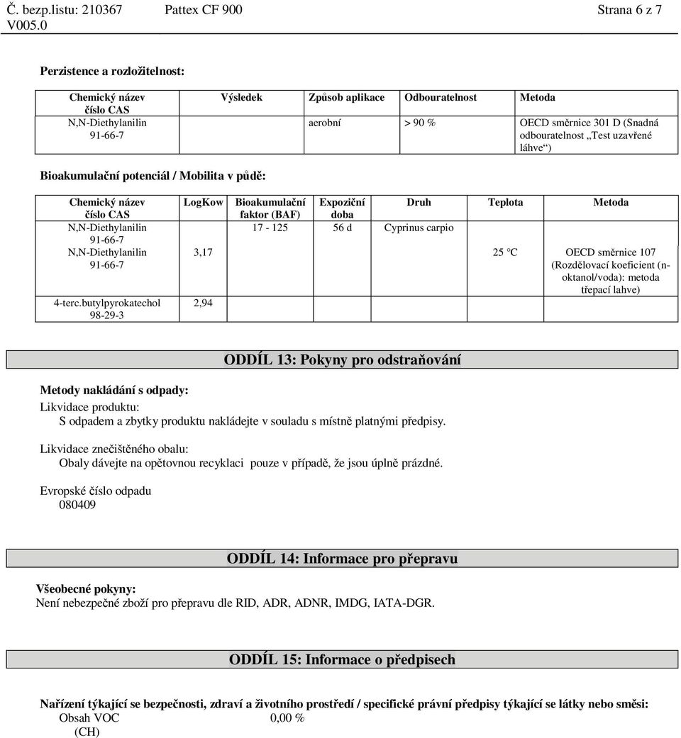 Bioakumula ní potenciál / Mobilita v p : 4-terc.