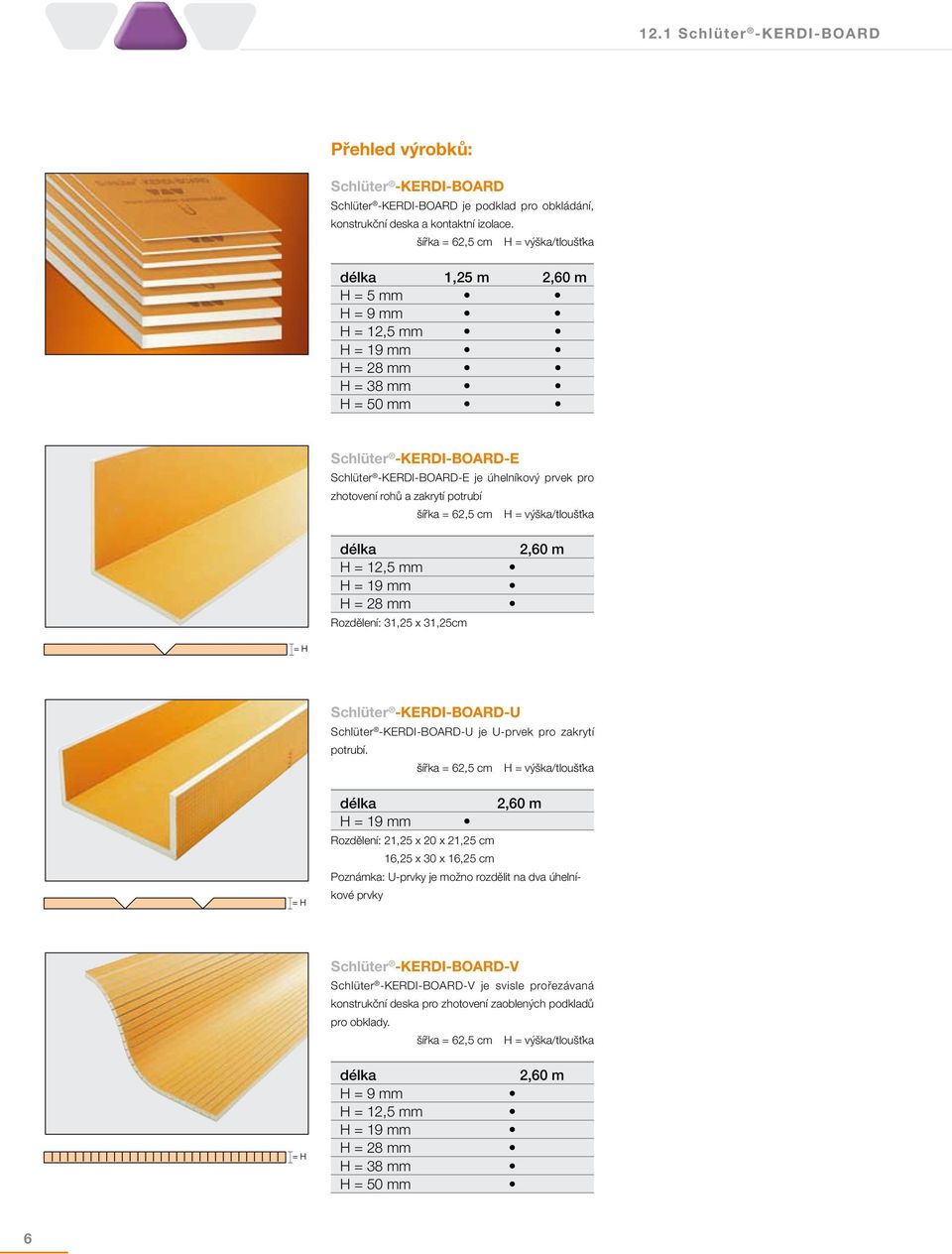 zhotovení rohů a zakrytí potrubí šířka = 62,5 cm H = výška/tloušťka délka H = 12,5 mm H = 19 mm H = 28 mm Rozdělení: 31,25 x 31,25cm 2,60 m Schlüter -KERDI-BOARD-U Schlüter -KERDI-BOARD-U je U-prvek