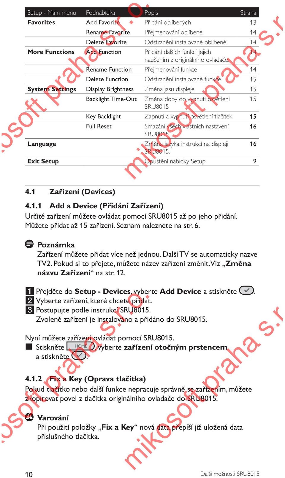 Rename Function Přejmenování funkce 14 Delete Function Odstranění instalované funkce 15 System Settings Display Brightness Změna jasu displeje 15 Backlight Time-Out Změna doby do vypnutí osvětlení 15