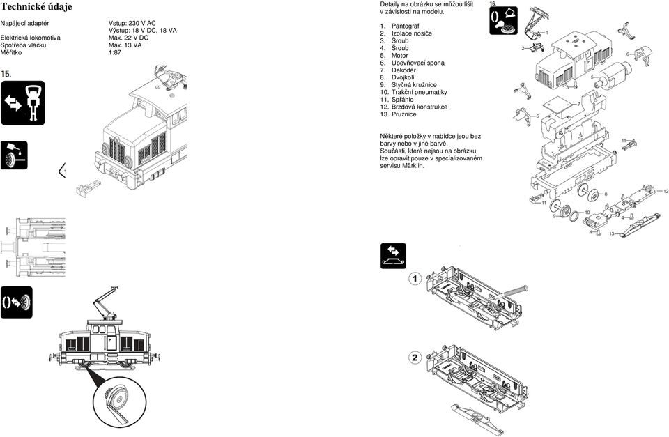 Motor 6. Upevňovací spona 7. Dekodér 8. Dvojkolí 9. Styčná kružnice 10. Trakční pneumatiky 11. Spřáhlo 12. Brzdová konstrukce 13.