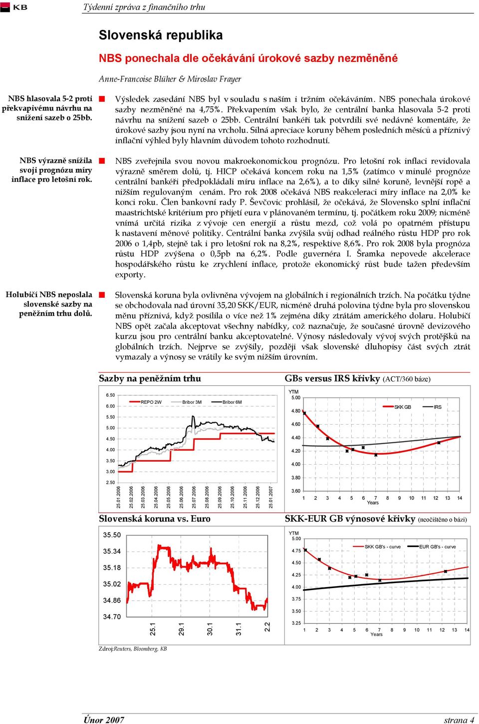 NBS ponechala úrokové sazby nezměněné na 4,75%. Překvapením však bylo, že centrální banka hlasovala 5-2 proti návrhu na snížení sazeb o 25bb.