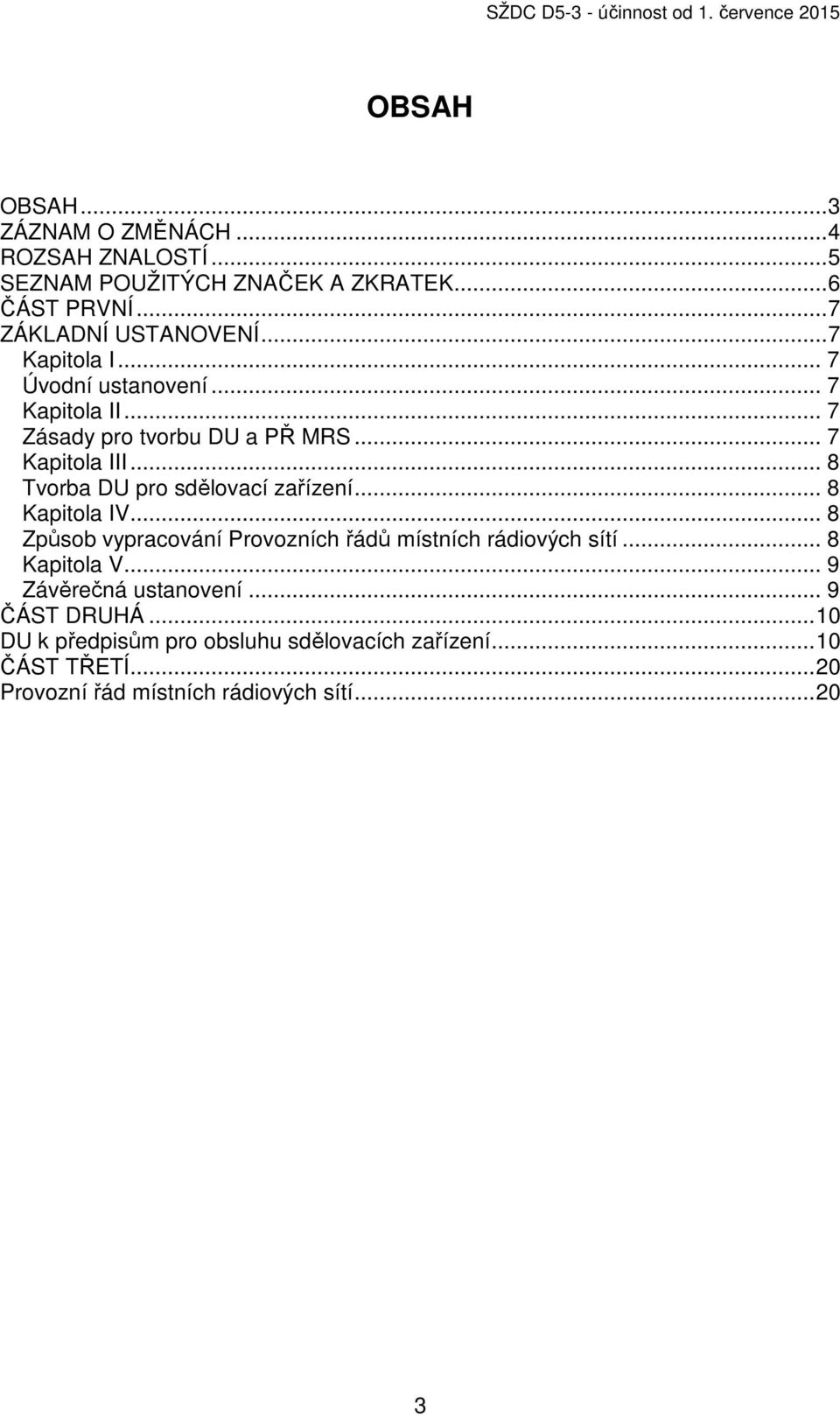 .. 7 Kapitola III... 8 Tvorba DU pro sdělovací zařízení... 8 Kapitola IV... 8 Způsob vypracování Provozních řádů místních rádiových sítí.