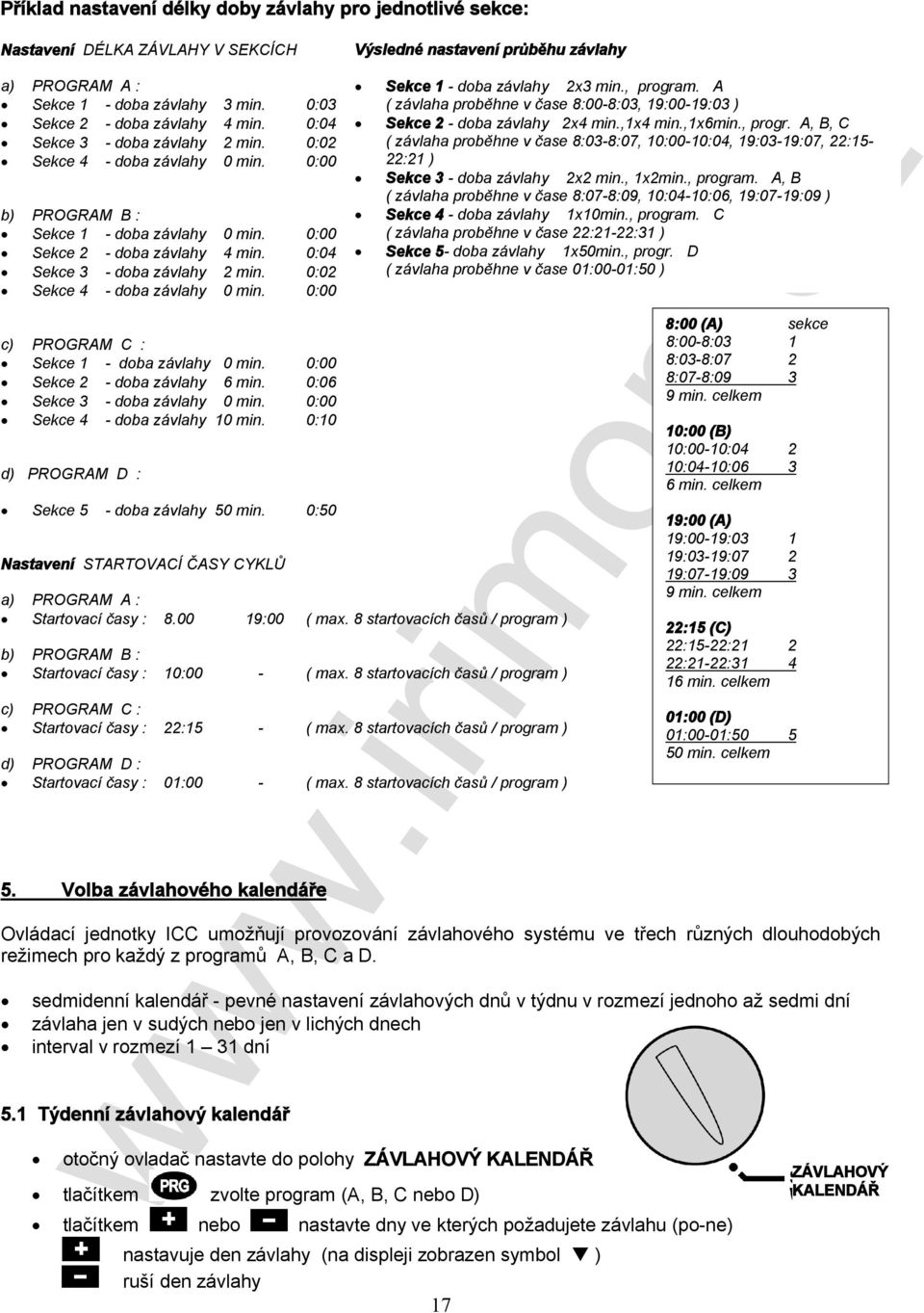 0:04 Sekce 3 - doba závlahy 2 min. 0:02 Sekce 4 - doba závlahy 0 min. 0:00 c) PROGRAM C : Sekce 1 - doba závlahy 0 min. 0:00 Sekce 2 - doba závlahy 6 min. 0:06 Sekce 3 - doba závlahy 0 min.