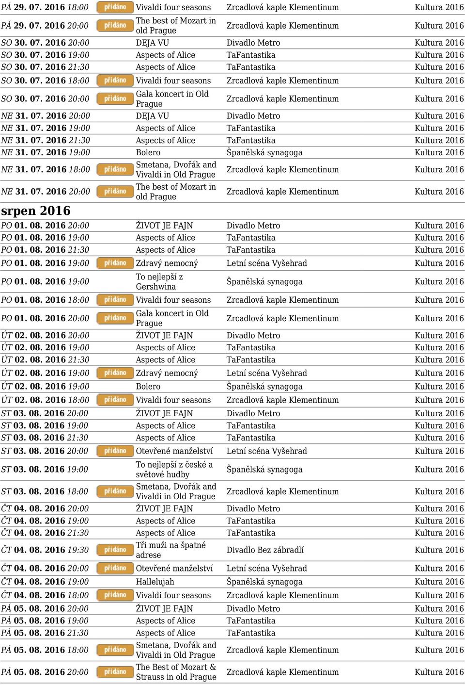 07. 2016 21:30 Aspects of Alice TaFantastika Kultura 2016 NE 31. 07. 2016 19:00 Bolero NE 31. 07. 2016 18:00 NE 31. 07. 2016 20:00 srpen 2016 old PO 01. 08.