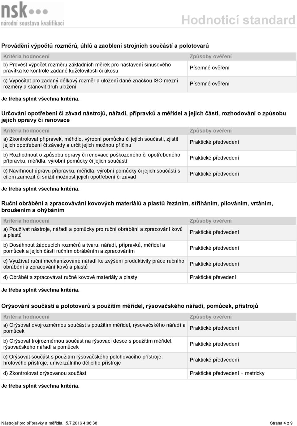 a jejich částí, rozhodování o způsobu jejich opravy či renovace a) Zkontrolovat přípravek, měřidlo, výrobní pomůcku či jejich součásti, zjistit jejich opotřebení či závady a určit jejich možnou