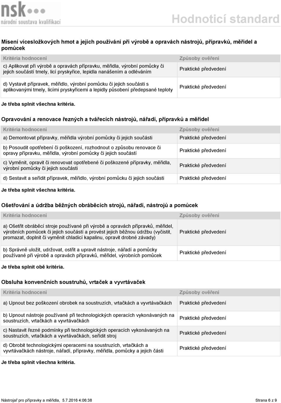 teploty Opravování a renovace řezných a tvářecích nástrojů, nářadí, přípravků a měřidel a) Demontovat přípravky, měřidla výrobní pomůcky či jejich součásti b) Posoudit opotřebení či poškození,