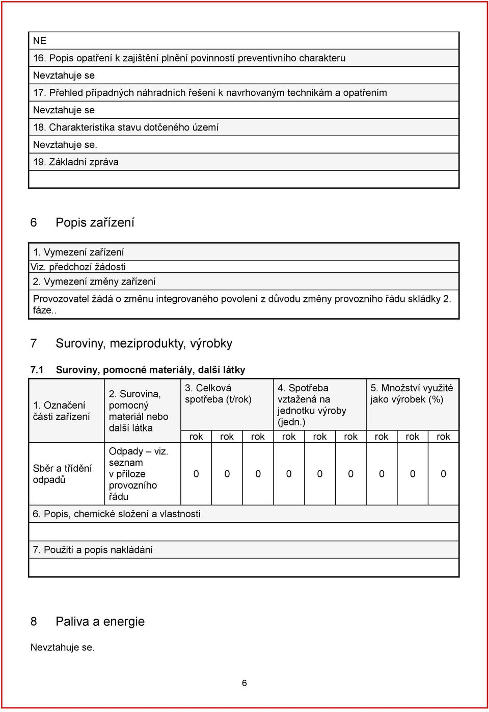 . 7 Suroviny, meziprodukty, výrobky 7.1 Suroviny, pomocné materiály, další látky 1. Označení části zařízení Sběr a třídění odpadů 2. Surovina, pomocný materiál nebo další látka Odpady viz.