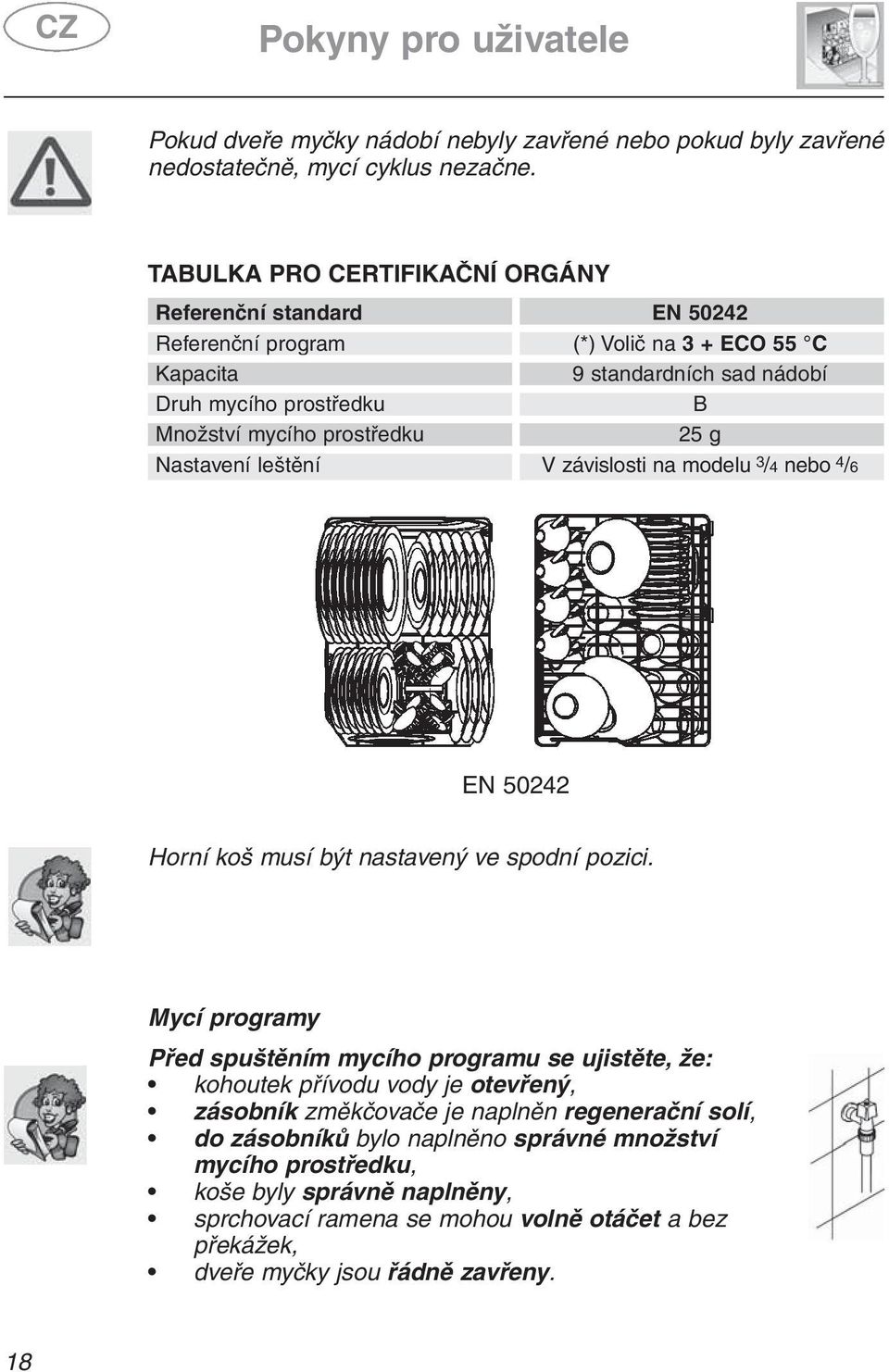 prostředku 25 g Nastavení leštění V závislosti na modelu 3 /4 nebo 4 /6 EN 50242 Horní koš musí být nastavený ve spodní pozici.