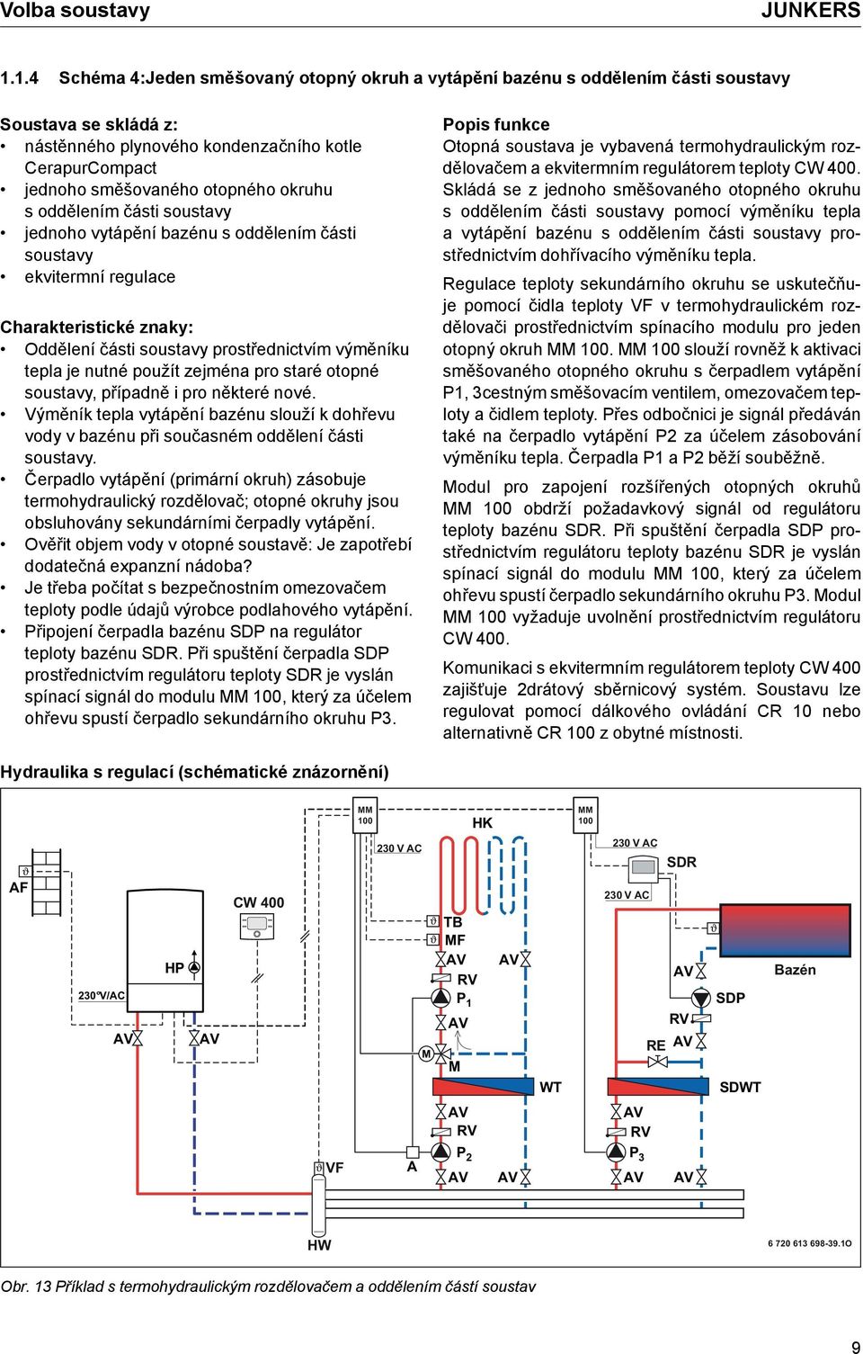 okruhu s oddělením části soustavy jednoho vytápění bazénu s oddělením části soustavy ekvitermní regulace Charakteristické znaky: Oddělení části soustavy prostřednictvím výměníku tepla je nutné použít