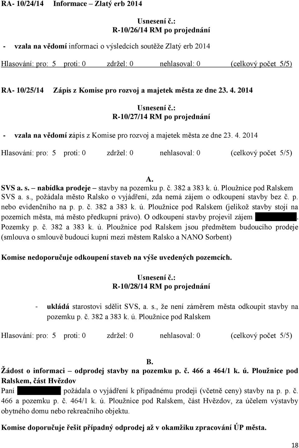 Ploužnice pod Ralskem SVS a. s., požádala město Ralsko o vyjádření, zda nemá zájem o odkoupení stavby bez č. p. nebo evidenčního na p. p. č. 382 a 383 k. ú.