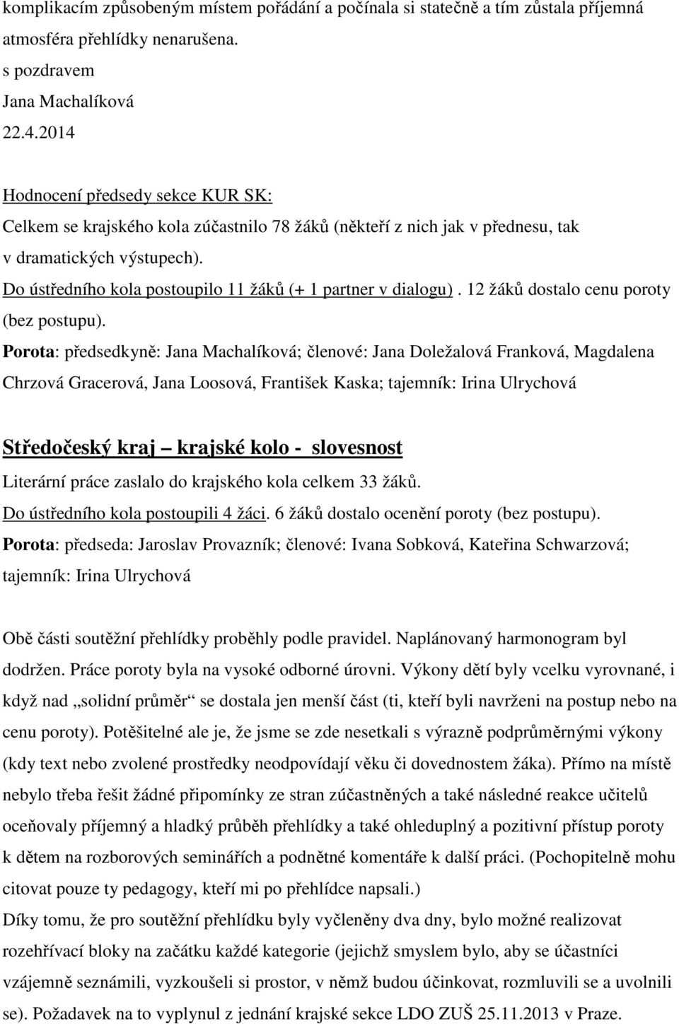 Do ústředního kola postoupilo 11 žáků (+ 1 partner v dialogu). 12 žáků dostalo cenu poroty (bez postupu).