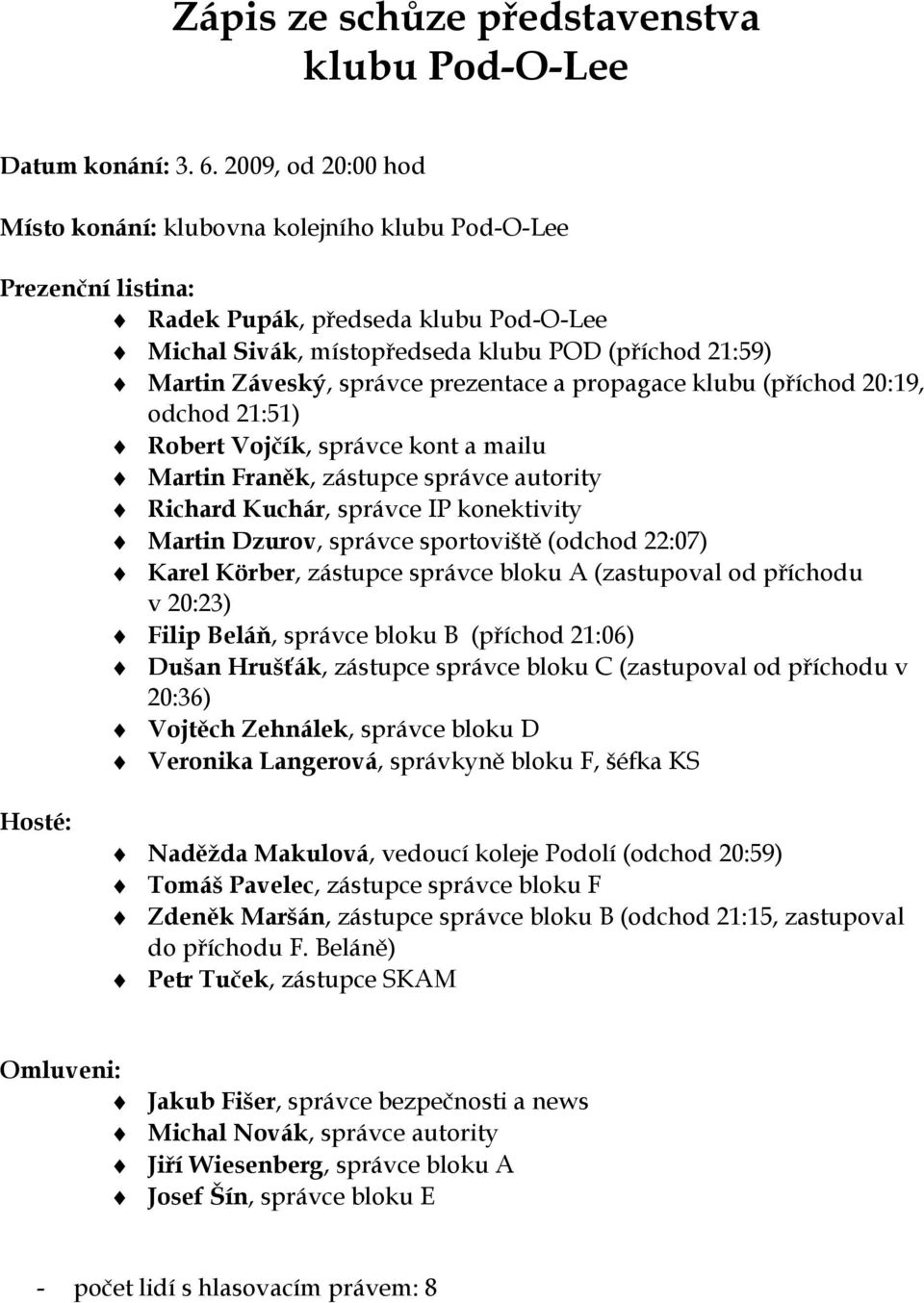 správce prezentace a propagace klubu (příchod 20:19, odchod 21:51) Robert Vojčík, správce kont a mailu Martin Franěk, zástupce správce autority Richard Kuchár, správce IP konektivity Martin Dzurov,