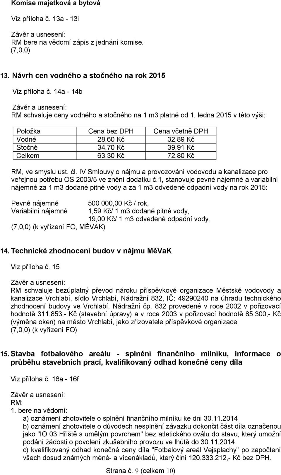 ledna 2015 v této výši: Položka Cena bez DPH Cena včetně DPH Vodné 28,60 Kč 32,89 Kč Stočné 34,70 Kč 39,91 Kč Celkem 63,30 Kč 72,80 Kč RM, ve smyslu ust. čl.