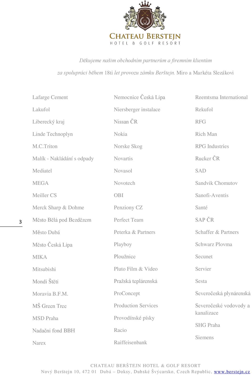 Triton Norske Skog RPG Industries Malík - Nakládání s odpady Novartis Rucker ČR Mediatel Novasol SAD MEGA Novotech Sandvik Chomutov Meiller CS OBI Sanofi-Aventis Merck Sharp & Dohme Penziony CZ Santé