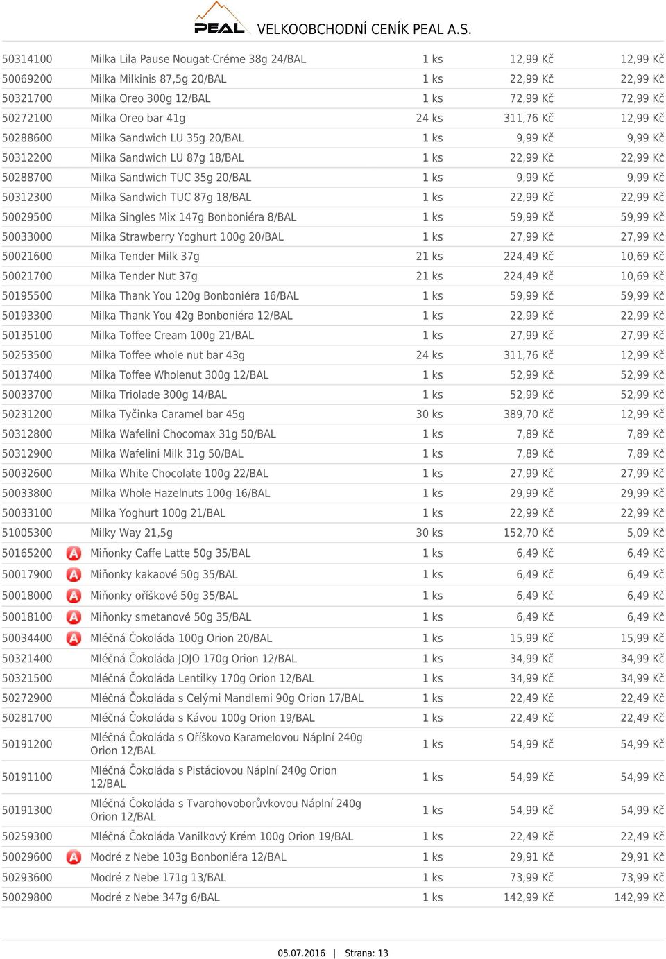 20/BAL 1 ks 9,99 Kč 9,99 Kč 50312300 Milka Sandwich TUC 87g 18/BAL 1 ks 22,99 Kč 22,99 Kč 50029500 Milka Singles Mix 147g Bonboniéra 8/BAL 1 ks 59,99 Kč 59,99 Kč 50033000 Milka Strawberry Yoghurt