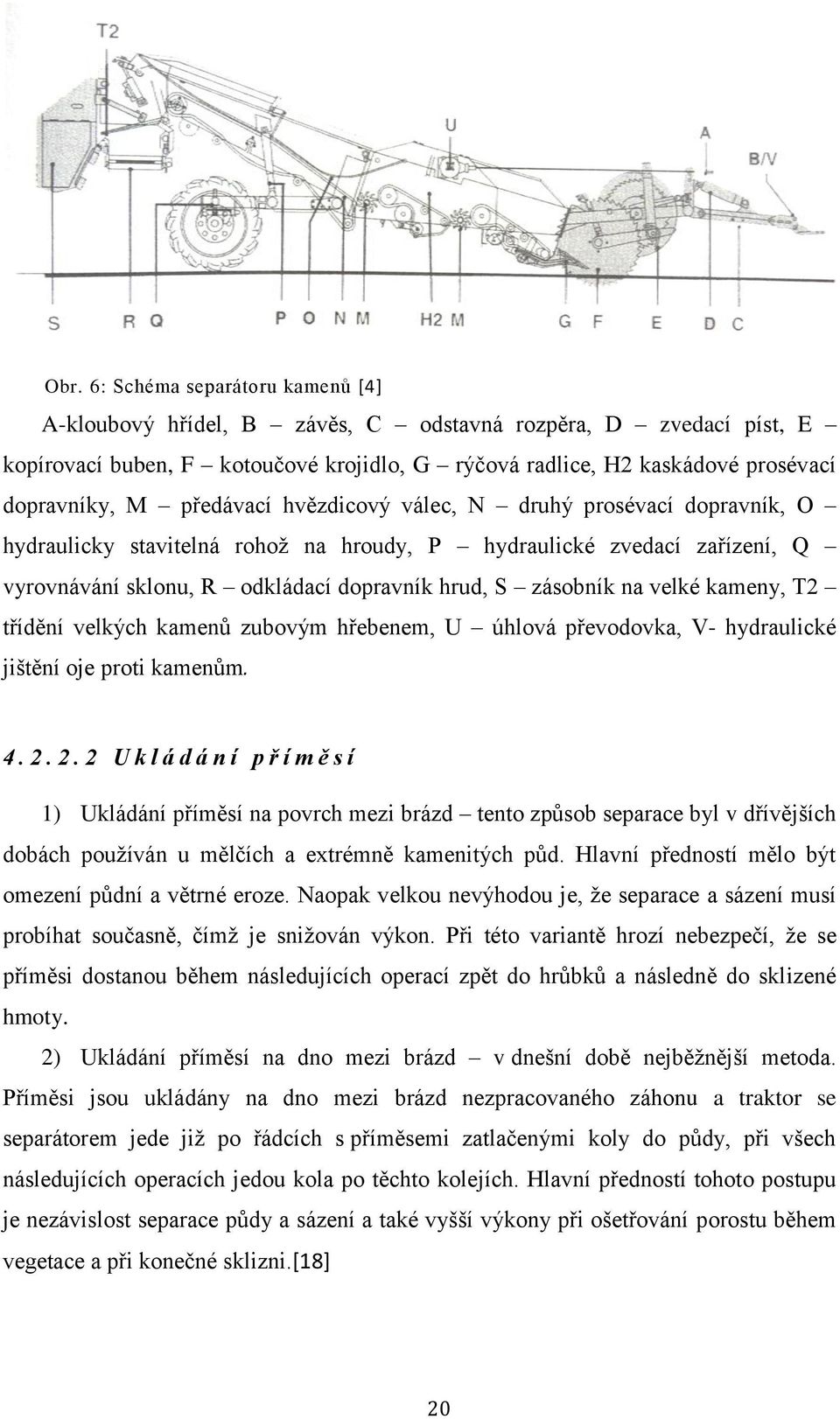 velké kameny, T2 třídění velkých kamenů zubovým hřebenem, U úhlová převodovka, V- hydraulické jištění oje proti kamenům. 4.2.2.2 Ukládání příměsí 1) Ukládání příměsí na povrch mezi brázd tento způsob separace byl v dřívějších dobách používán u mělčích a extrémně kamenitých půd.