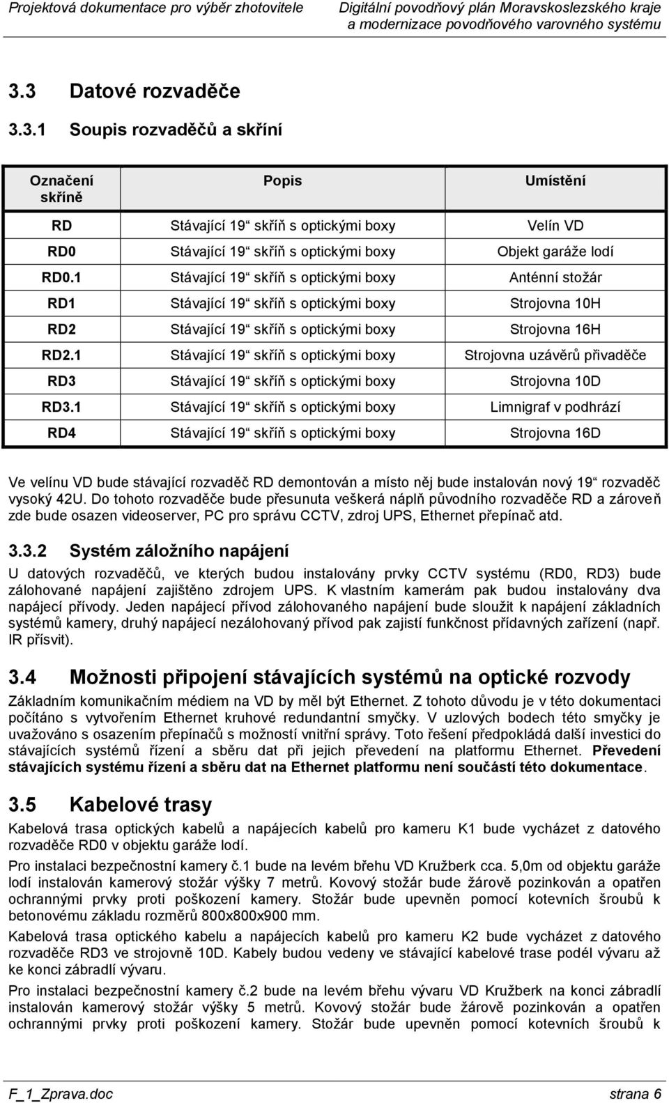 1 Stávající 19 skříň s optickými boxy Strojovna uzávěrů přivaděče RD3 Stávající 19 skříň s optickými boxy Strojovna 10D RD3.