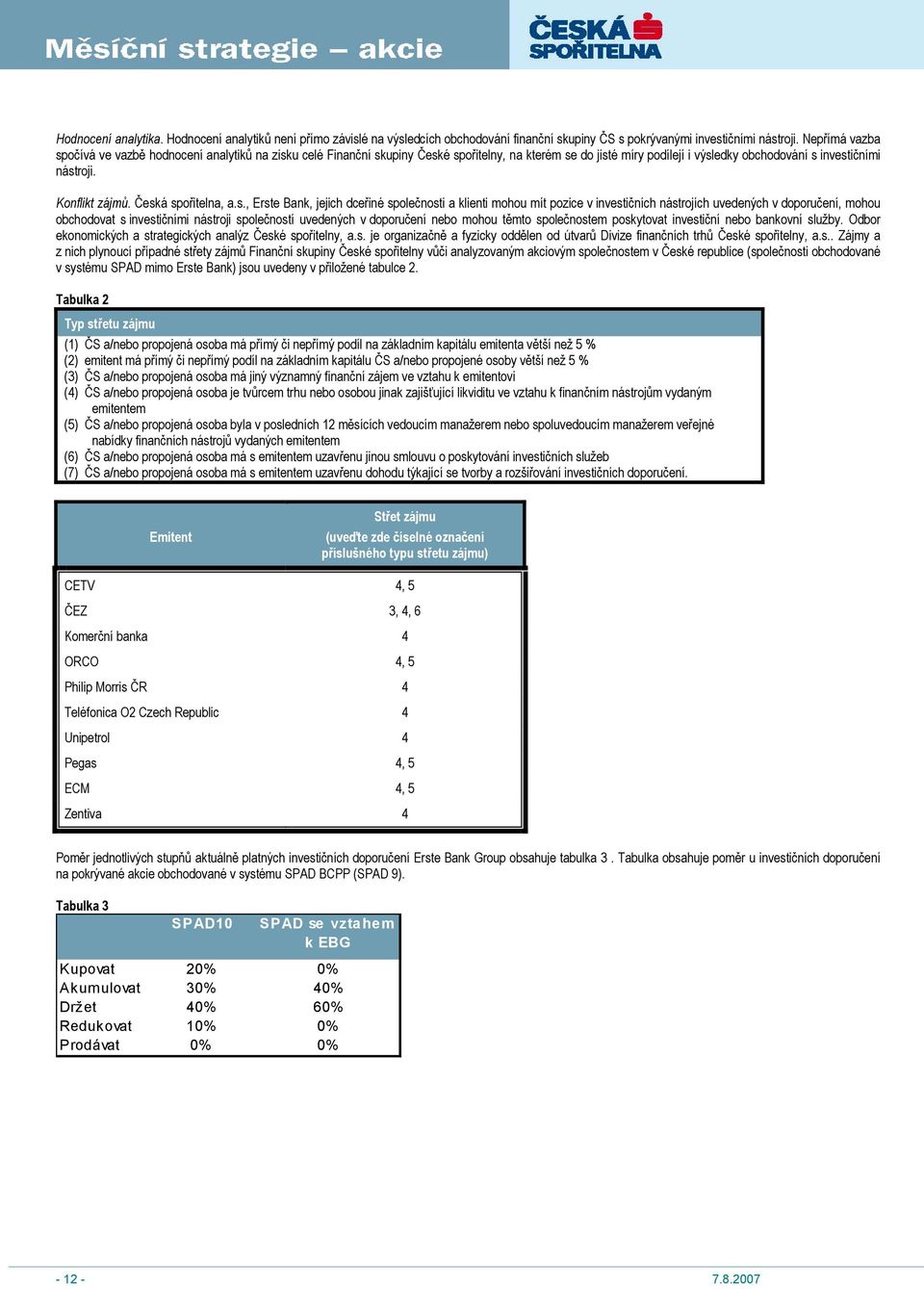 Česká spořitelna, a.s., Erste Bank, jejich dceřiné společnosti a klienti mohou mít pozice v investičních nástrojích uvedených v doporučení, mohou obchodovat s investičními nástroji společností