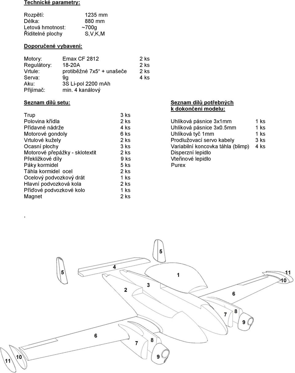 4 kanálový Seznam dílů setu: Seznam dílů potřebných k dokončení modelu: Trup 3 ks Polovina křídla 2 ks Uhlíková pásnice 3x1mm 1 ks Přídavné nádrže 4 ks Uhlíková pásnice 3x0.
