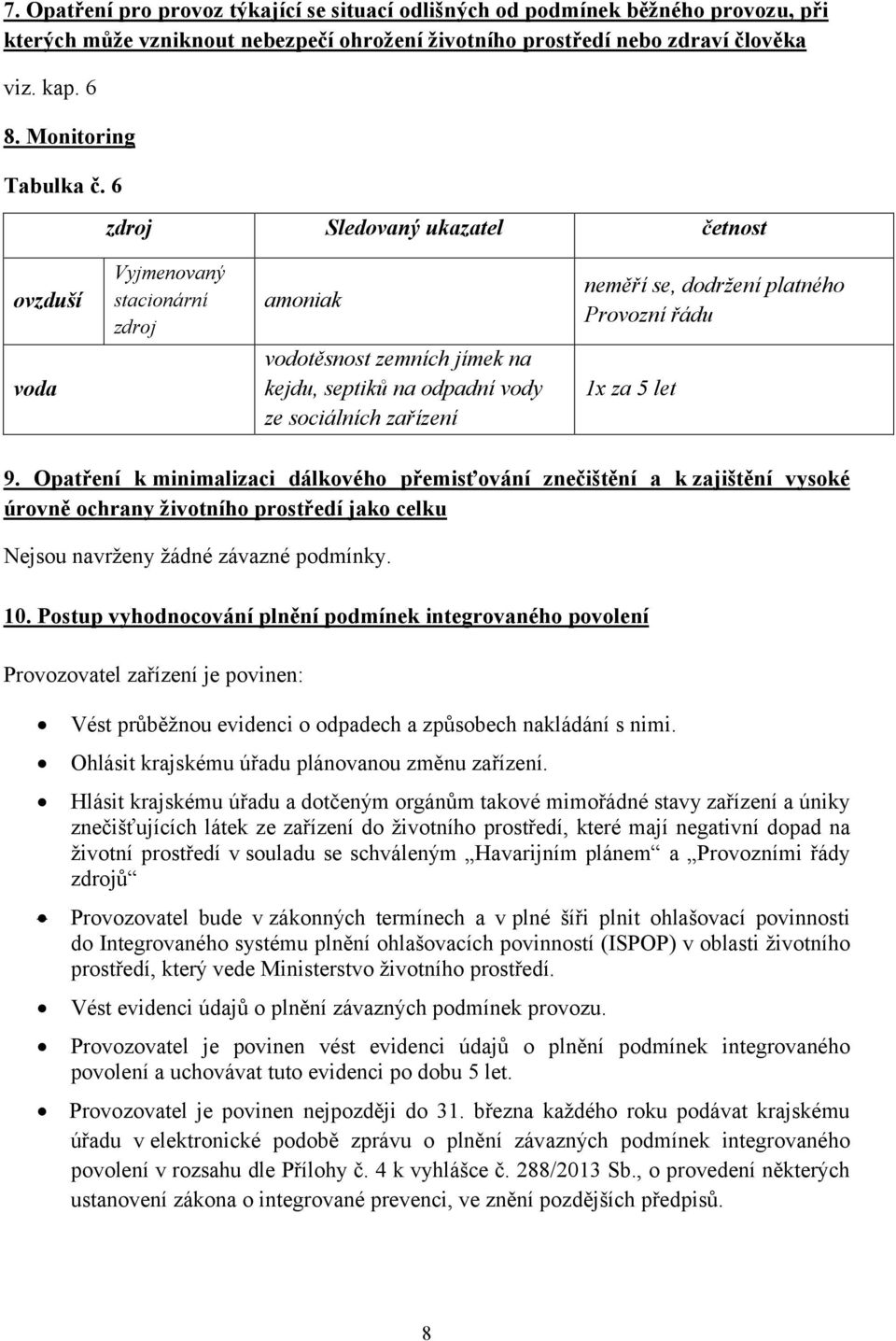 6 zdroj Sledovaný ukazatel četnost ovzduší voda Vyjmenovaný stacionární zdroj amoniak vodotěsnost zemních jímek na kejdu, septiků na odpadní vody ze sociálních zařízení neměří se, dodržení platného