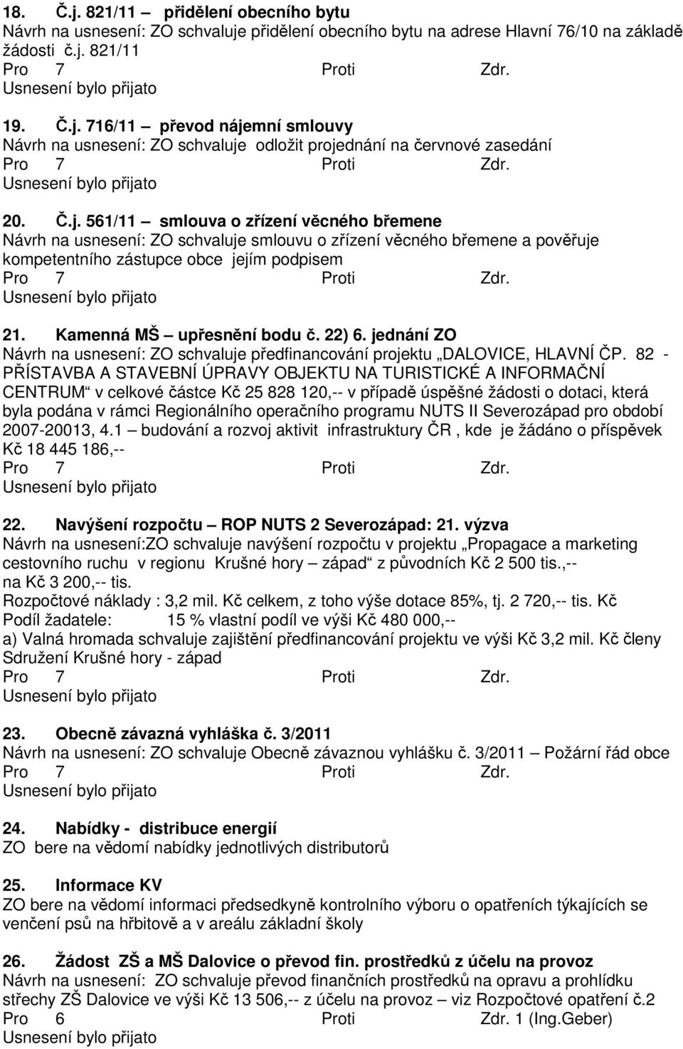 22) 6. jednání ZO Návrh na usnesení: ZO schvaluje předfinancování projektu DALOVICE, HLAVNÍ ČP.