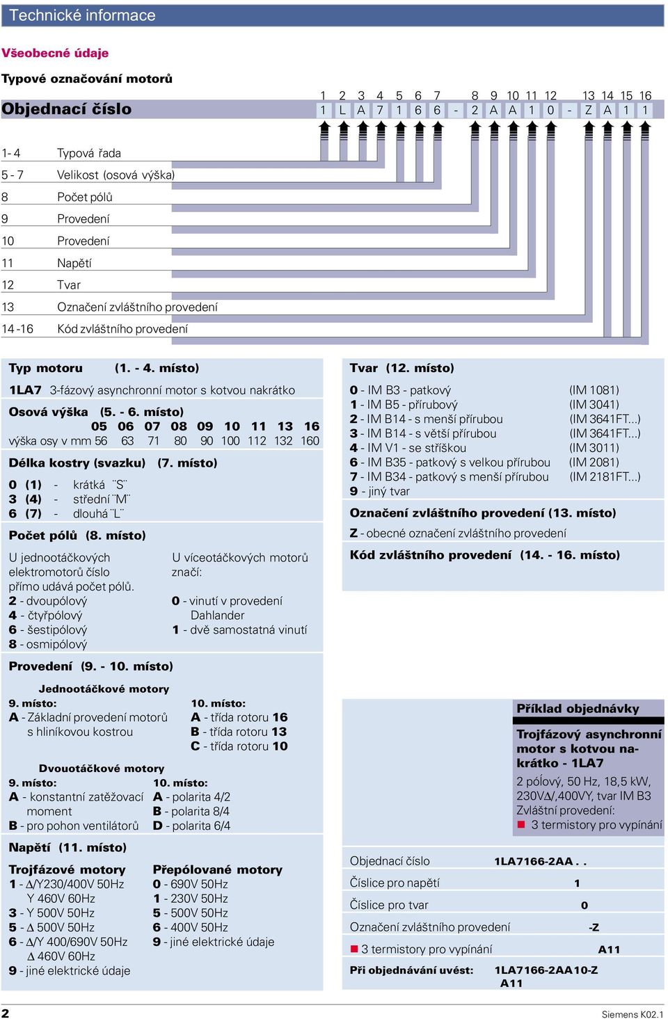místo) 1LA7 3-fázový asynchronní motor s kotvou nakrátko Osová výška (5. - 6. místo) 05 06 07 08 09 10 11 13 16 výška osy v mm 56 63 71 80 90 100 112 132 160 Délka kostry (svazku) (7.