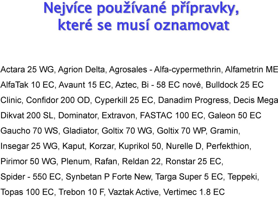 EC, Galeon 50 EC Gaucho 70 WS, Gladiator, Goltix 70 WG, Goltix 70 WP, Gramin, Insegar 25 WG, Kaput, Korzar, Kuprikol 50, Nurelle D, Perfekthion, Pirimor 50