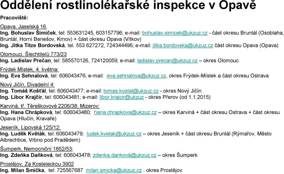 cz část okresu Opava (Opava) Olomouci, Šlechtitelů 773/23 Ing. Ladislav Prečan, tel: 585570126, 724120059; e-mail: ladislav.precan@ukzuz.cz okres Olomouc Frýdek Místek, 4. května: Ing.