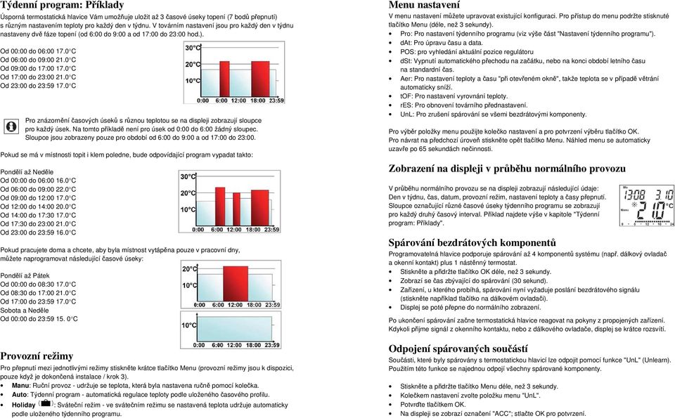 0 C Od 17:00 do 23:00 21.0 C Od 23:00 do 23:59 17.0 C Pro znázornění časových úseků s různou teplotou se na displeji zobrazují sloupce pro každý úsek.