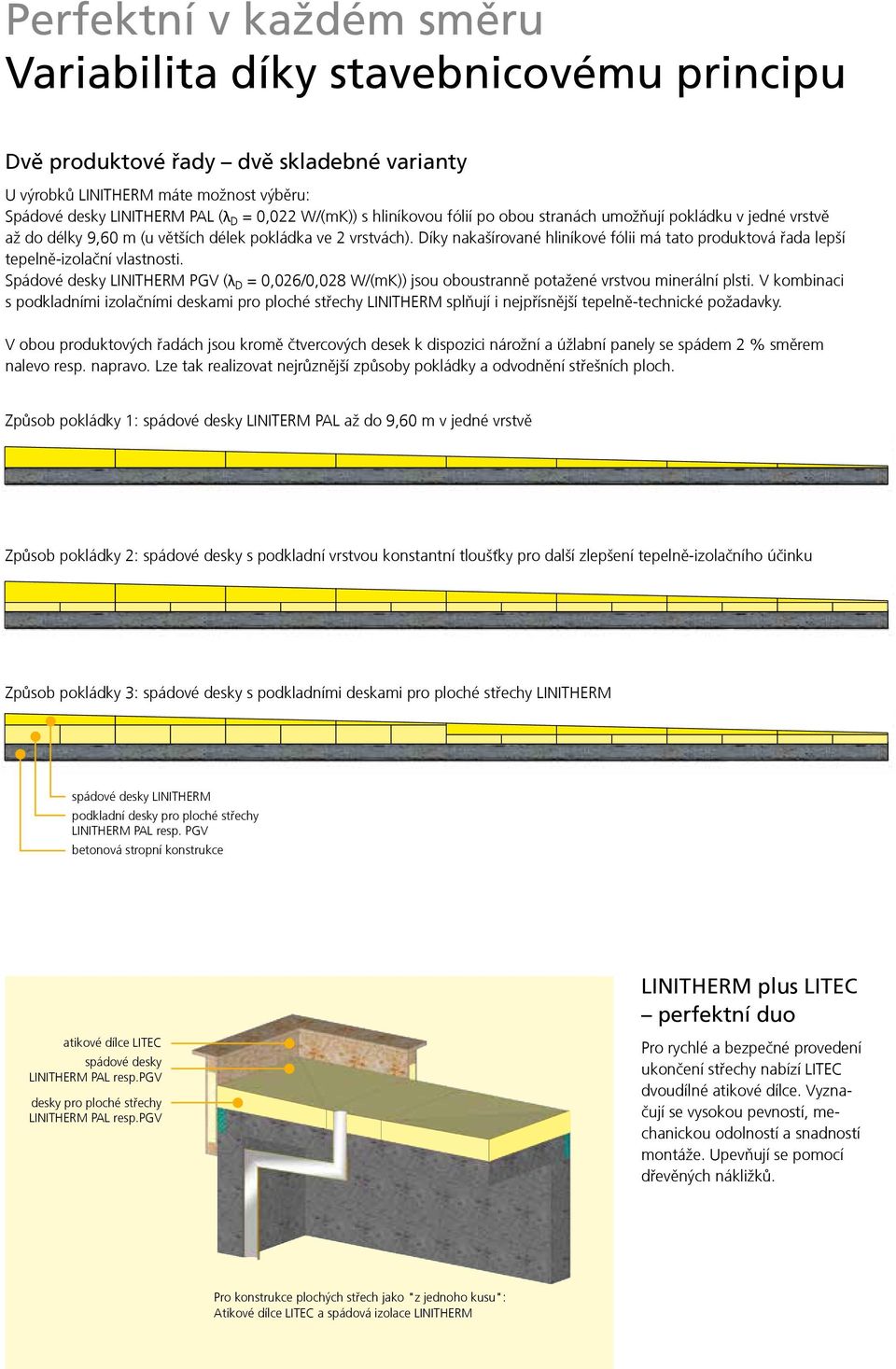 Díky nakašírované hliníkové fólii má tato produktová řada lepší tepelně-izolační vlastnosti. Spádové desky LINITHERM PGV (λ D = 0,06/0,08 W/(mK)) jsou oboustranně potažené vrstvou minerální plsti.