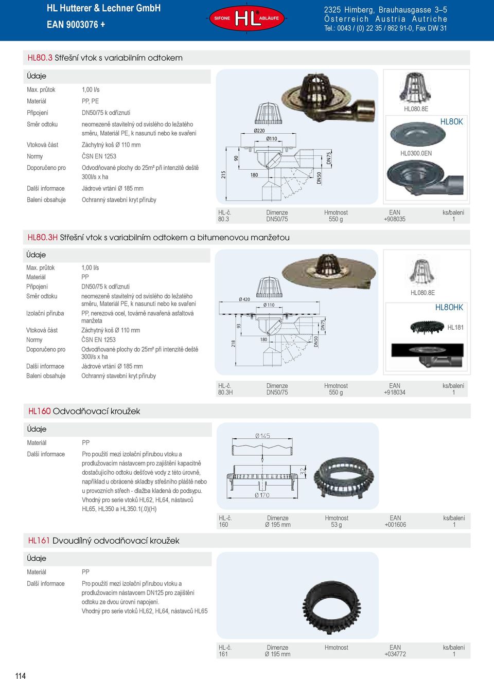 Dimenze Hmotnost EAN ks/balení 80.3 DN50/75 550 g +908035 1 HL80.