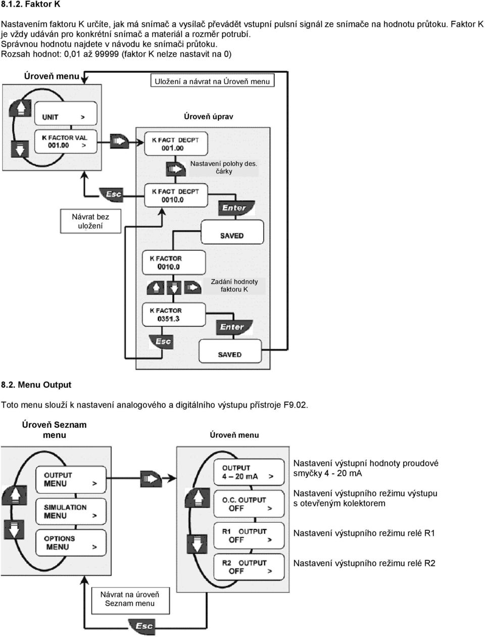 Rozsah hodnot: 0,01 až 99999 (faktor K nelze nastavit na 0) na Nastavení polohy des. čárky Zadání hodnoty faktoru K 8.2.