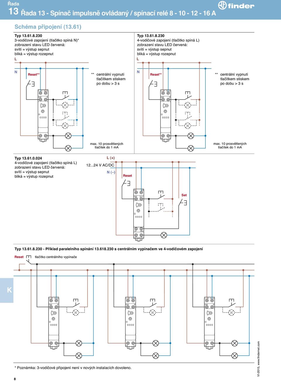 stiskem po dobu > 3 s max. 10 prosvětlenyćh tlačítek do 1 ma max. 10 prosvětlenyćh tlačítek do 1 ma Typ 13.61.0.024 4-vodičové zapojení (tlačitko spíná ) zobrazení stavu ED červená: bliká = vyśtup rozepnut (+) 12.