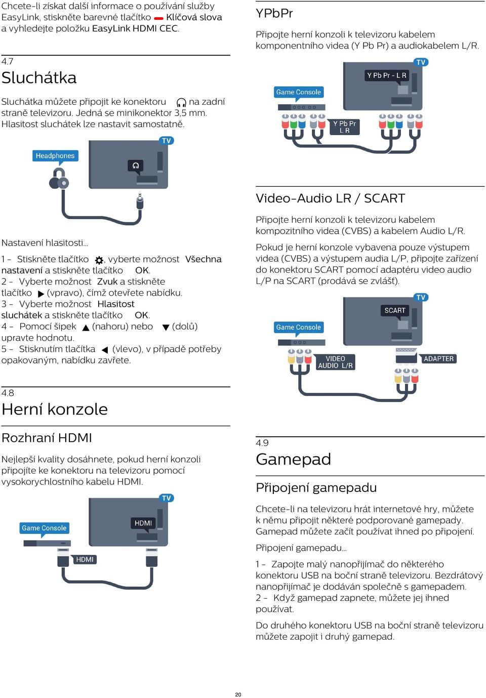 Jedná se minikonektor 3,5 mm. Hlasitost sluchátek lze nastavit samostatně. Video-Audio LR / SCART Připojte herní konzoli k televizoru kabelem kompozitního videa (CVBS) a kabelem Audio L/R.