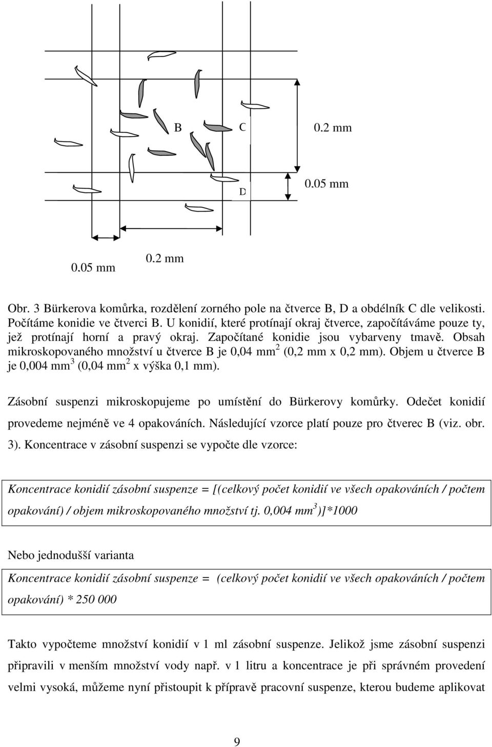 Obsah mikroskopovaného množství u čtverce B je 0,04 mm 2 (0,2 mm x 0,2 mm). Objem u čtverce B je 0,004 mm 3 (0,04 mm 2 x výška 0,1 mm).