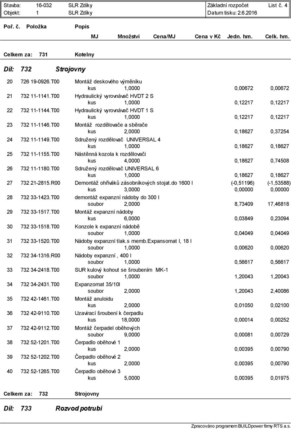 T00 Montáž rozdělovače a sběrače kus 2,0000 0,18627 0,37254 24 732 11-1149.T00 Sdružený rozdělovač UNIVERSAL 4 kus 1,0000 0,18627 0,18627 25 732 11-1155.