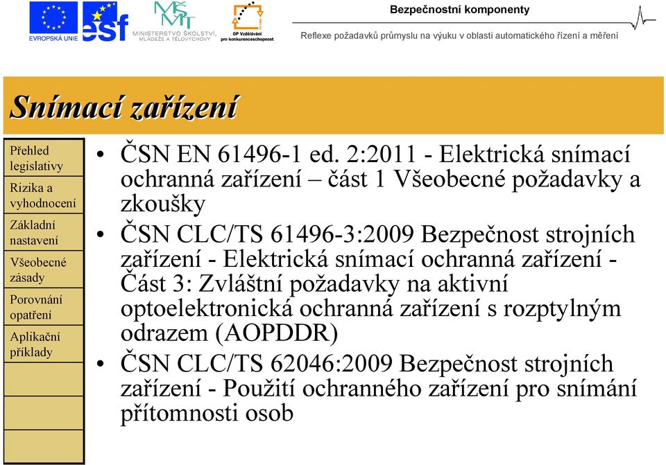 Bezpečnost strojních zařízení - Elektrická snímací ochranná zařízení - Část 3: Zvláštní požadavky na