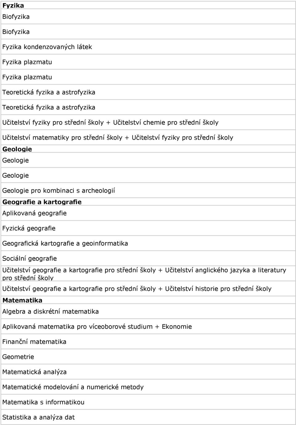 Aplikovaná geografie Fyzická geografie Geografická kartografie a geoinformatika Sociální geografie Učitelství geografie a kartografie pro střední školy + Učitelství anglického jazyka a literatury pro