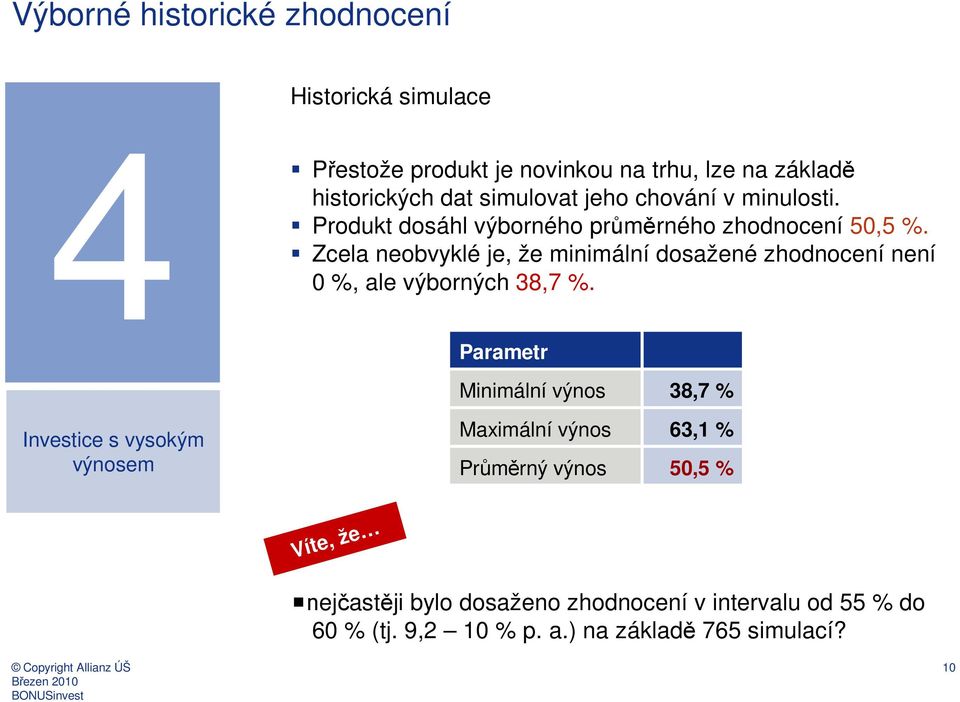 Zcela neobvyklé je, že minimální dosažené zhodnocení není 0 %, ale výborných 38,7 %.