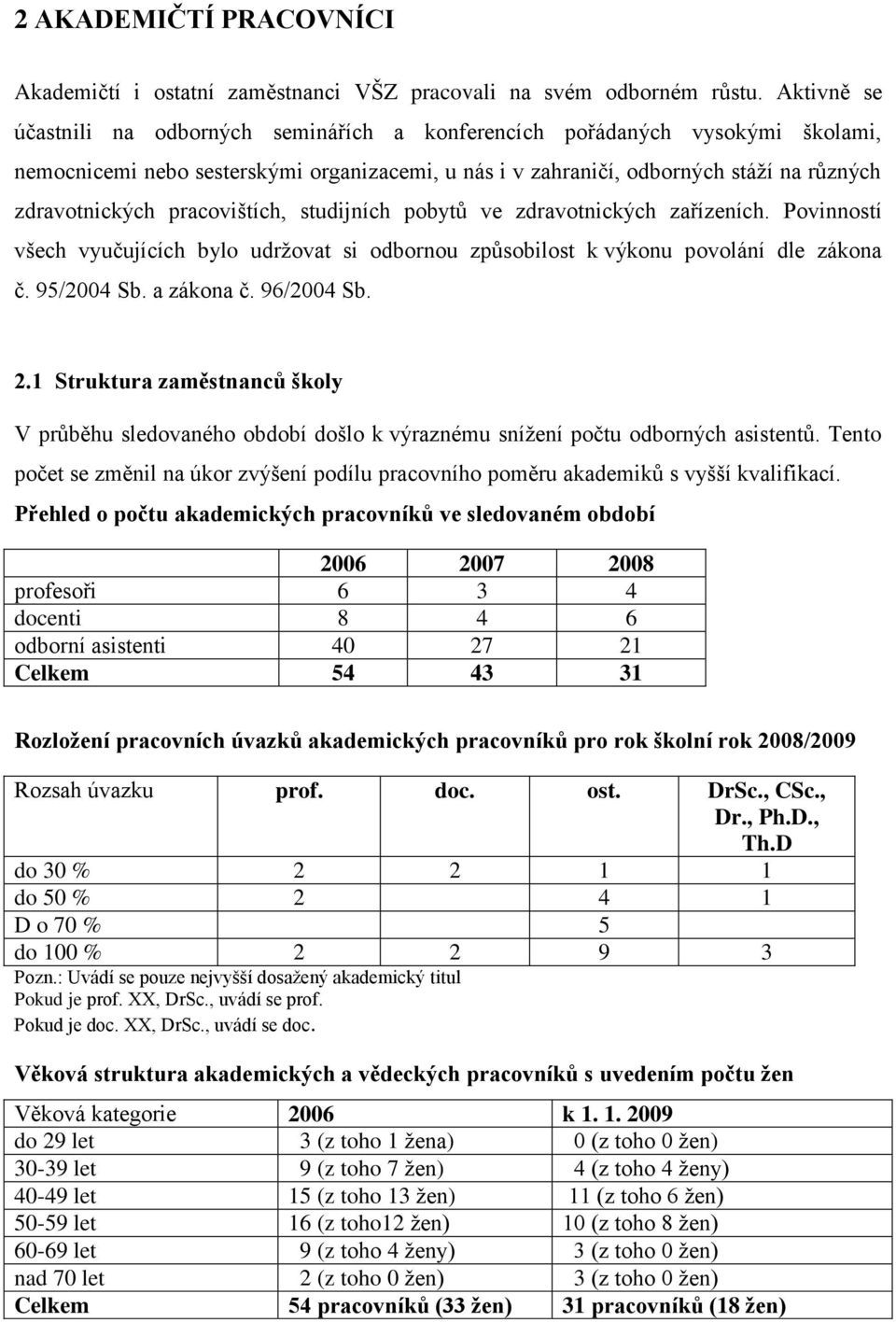 pracovištích, studijních pobytů ve zdravotnických zařízeních. Povinností všech vyučujících bylo udržovat si odbornou způsobilost k výkonu povolání dle zákona č. 95/2004 Sb. a zákona č. 96/2004 Sb. 2.