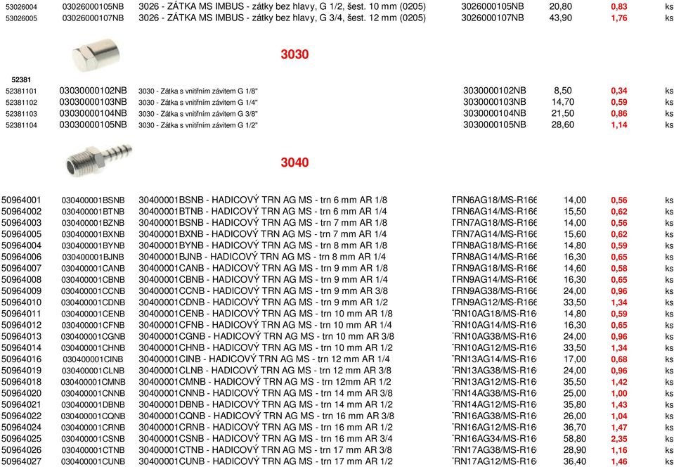 1/4" 3030000103NB 14,70 0,59 ks 52381103 03030000104NB 3030 - Zátka s vnitřním závitem G 3/8" 3030000104NB 21,50 0,86 ks 52381104 03030000105NB 3030 - Zátka s vnitřním závitem G 1/2" 3030000105NB
