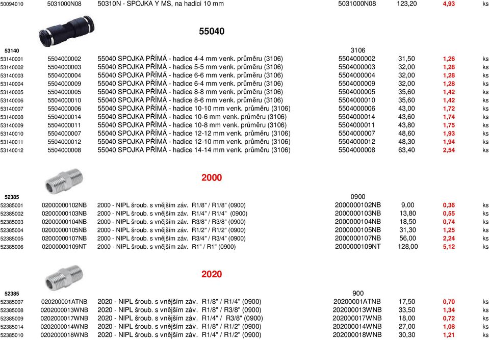 průměru (3106) 5504000003 32,00 1,28 ks 53140003 5504000004 55040 SPOJKA PŘÍMÁ - hadice 6-6 mm venk.