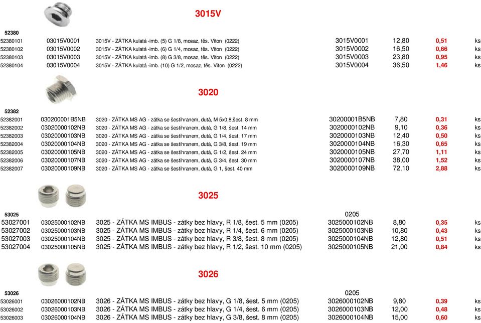 (10) G 1/2, mosaz, těs. Viton (0222) 3015V0004 36,50 1,46 ks 3020 52382 52382001 030200001B5NB 3020 - ZÁTKA MS AG - zátka se šestihranem, dutá, M 5x0,8,šest.