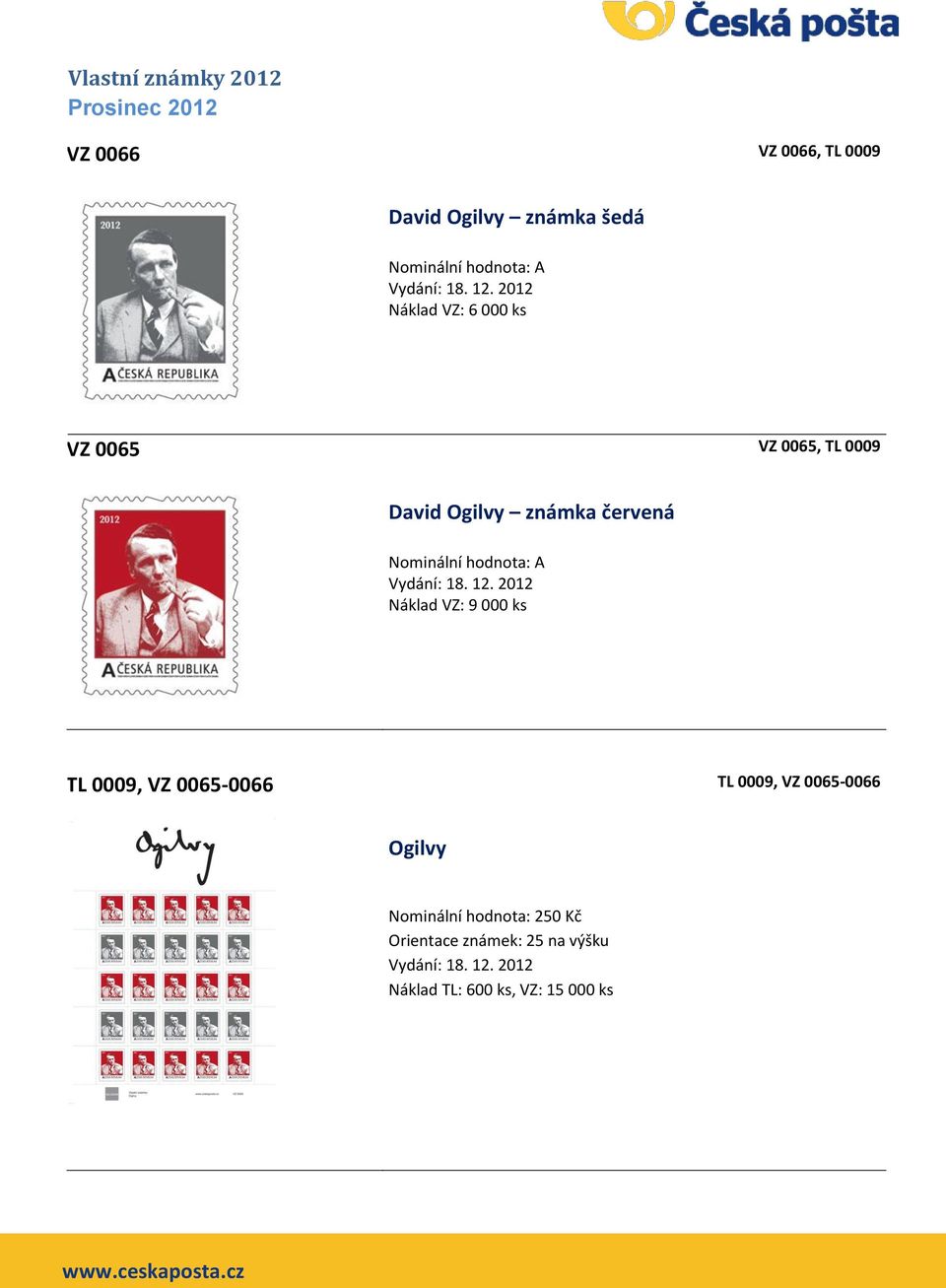 12. 2012 Náklad VZ: 9 000 ks TL 0009, VZ 0065-0066 TL 0009, VZ 0065-0066 Ogilvy Nominální