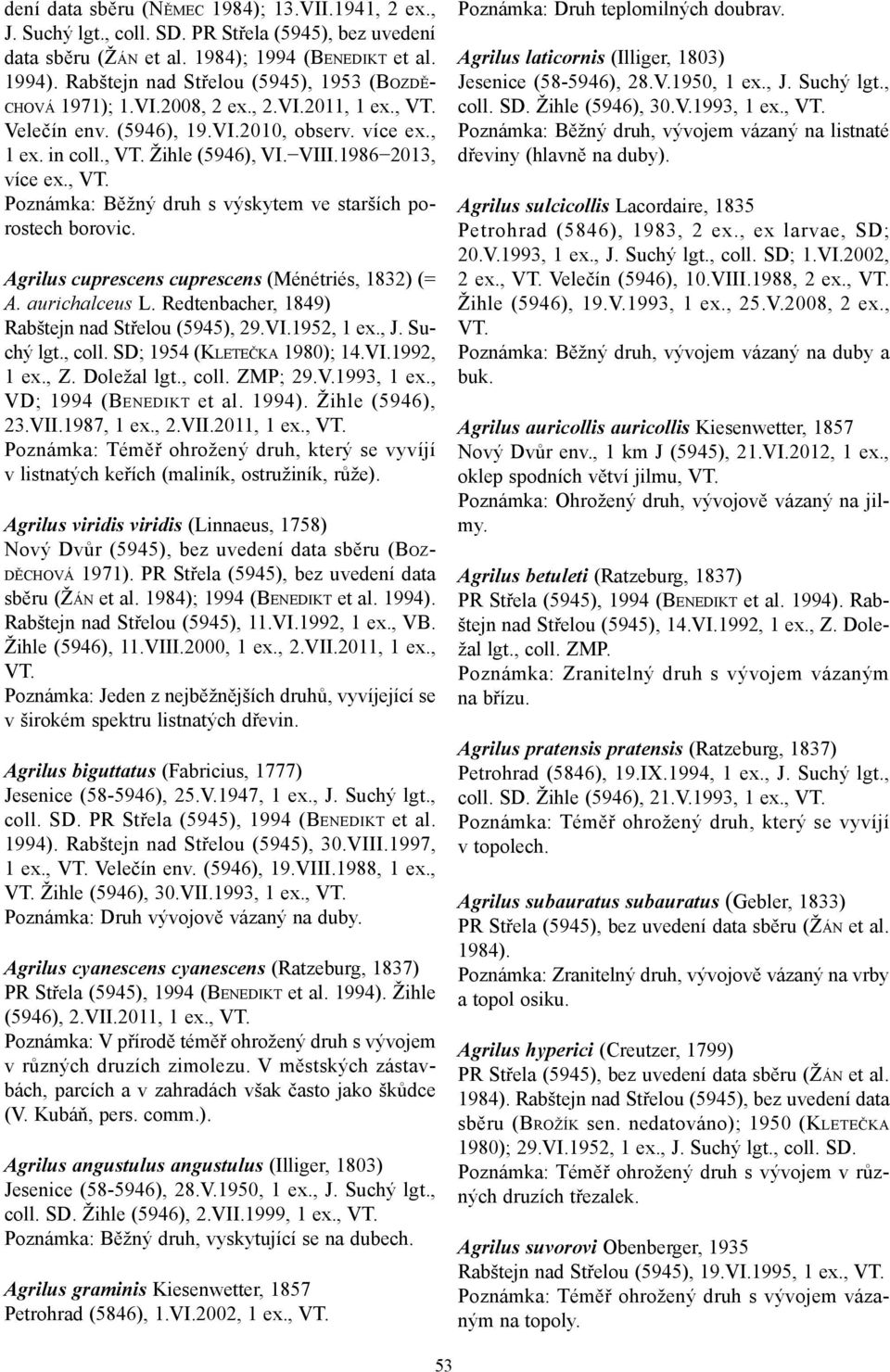 , Poznámka: Běžný druh s výskytem ve starších porostech borovic. Agrilus cuprescens cuprescens (Ménétriés, 1832) (= A. aurichalceus L. Redtenbacher, 1849) Rabštejn nad Střelou (5945), 29.VI.