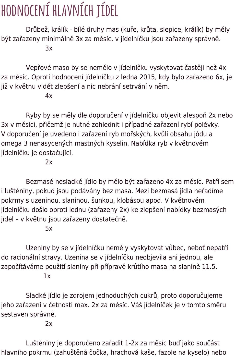 Oproti hodnocení jídelníčku z ledna 2015, kdy bylo zařazeno 6x, je již v květnu vidět zlepšení a nic nebrání setrvání v něm.