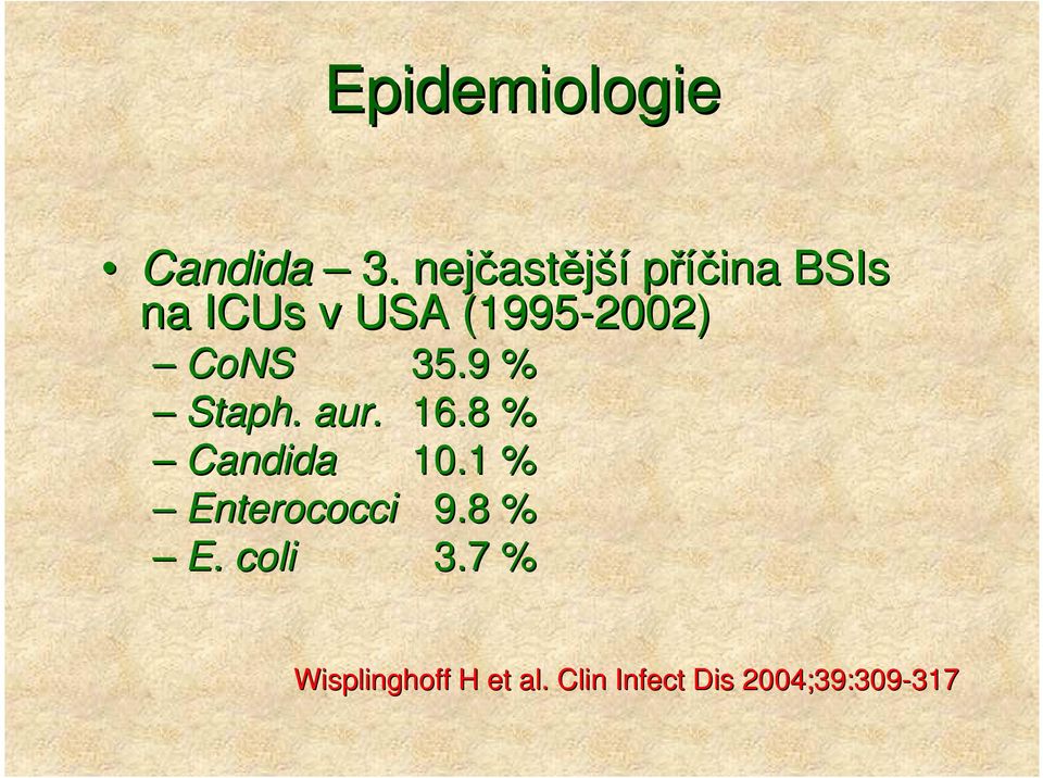 2002) CoNS 35.9 % Staph. aur. 16.8 % Candida 10.