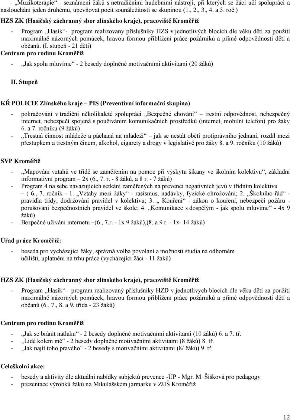 pomůcek, hravou formou přiblížení práce požárníků a přímé odpovědnosti dětí a občanů. (I.